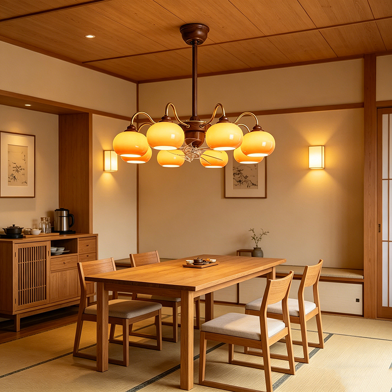 Retro Wood & Brass Fan Chandelier With Yellow Glass Globes - Image 4