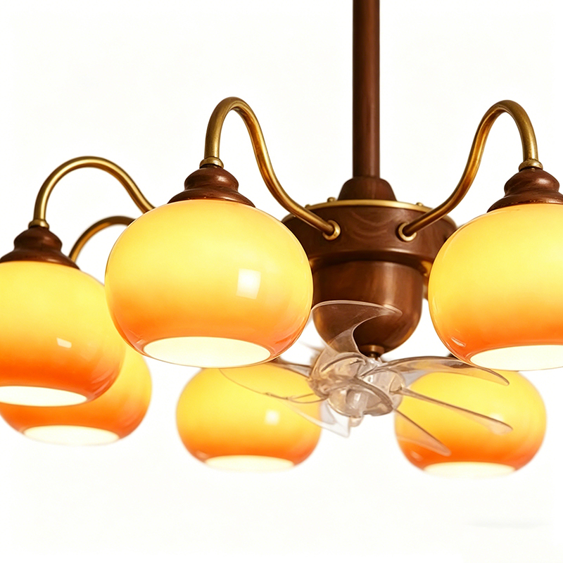 Retro Wood & Brass Fan Chandelier With Yellow Glass Globes - Image 5