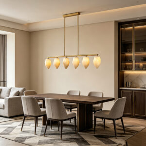Brass Linear Chandelier With Geometric Marble Shades
