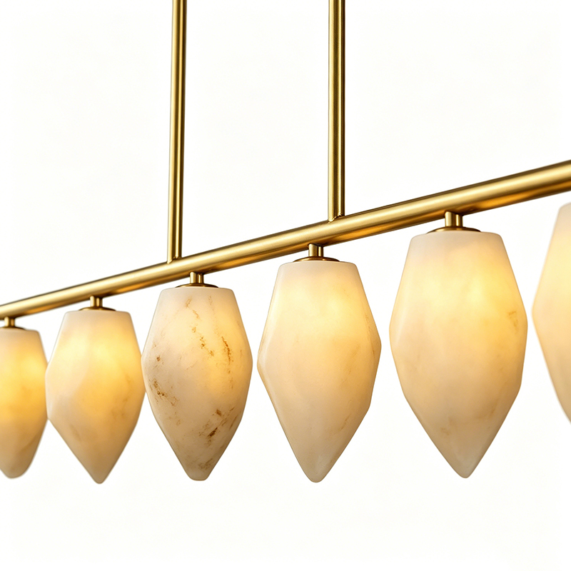 Brass Linear Chandelier With Geometric Marble Shades - Image 2