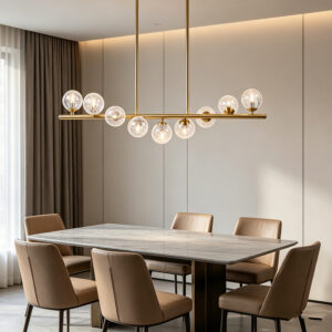 Linear Brass Chandelier With Crackle Glass Globes