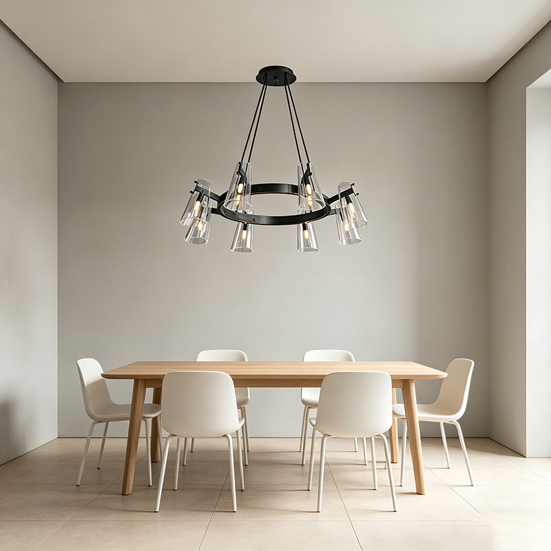 Modern Black Metal Chandelier Series With Tapered Clear Shades - Image 4