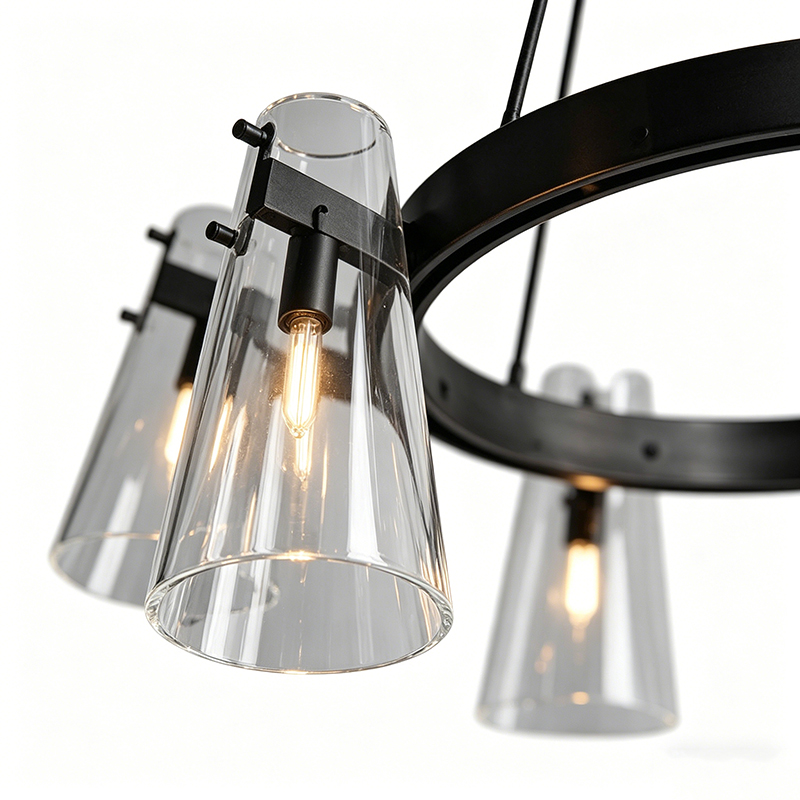 Modern Black Metal Chandelier Series With Tapered Clear Shades - Image 5