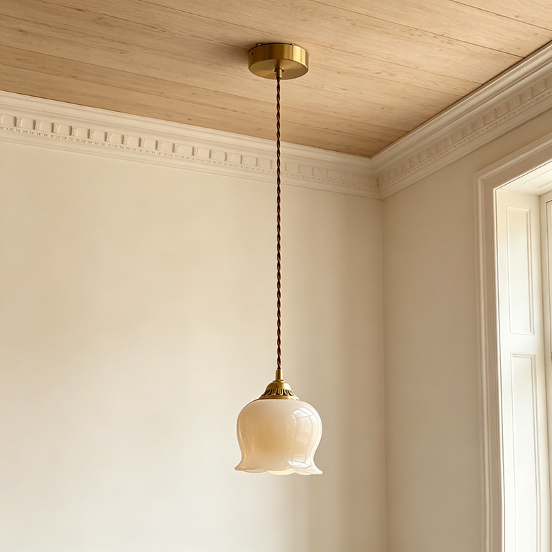 Retro Brass & Resin Pendant Lights, Floral Bell Shaped Hanging Fixtures