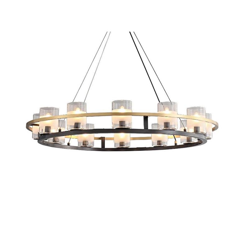 Two-Tone Brass & Black Wrought Iron Ring Chandelier With Glass Shades - Image 6