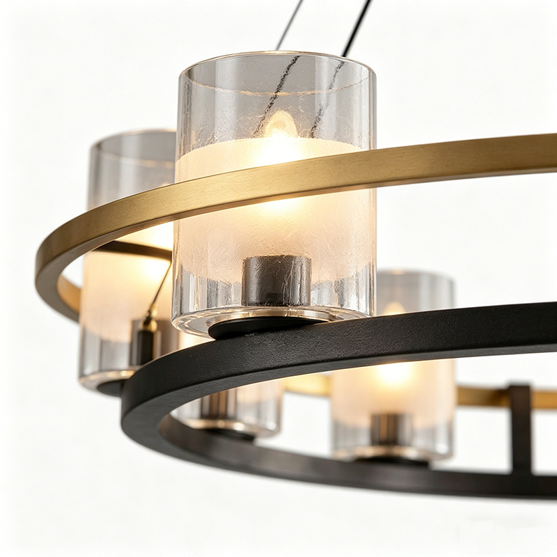 Two-Tone Brass & Black Wrought Iron Ring Chandelier With Glass Shades - Image 5