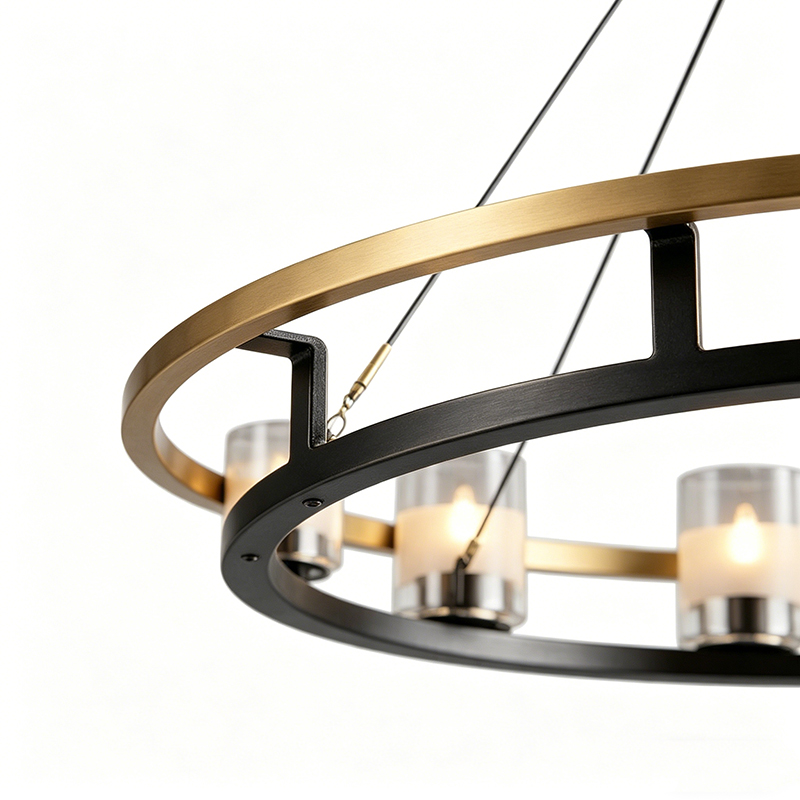 Two-Tone Brass & Black Wrought Iron Ring Chandelier With Glass Shades - Image 8