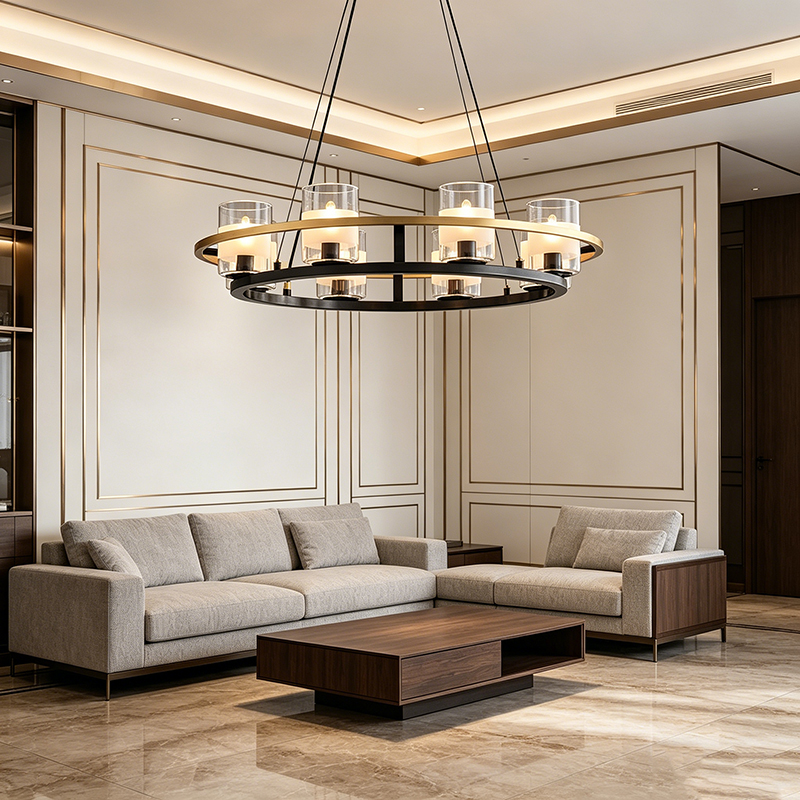 Two-Tone Brass & Black Wrought Iron Ring Chandelier With Glass Shades