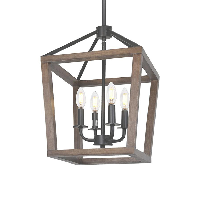 Rustic Wood & Black Metal Lantern Cage Pendant Light - Image 3