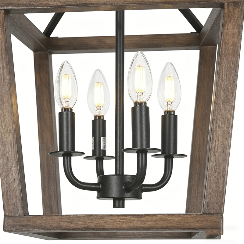 Rustic Wood & Black Metal Lantern Cage Pendant Light - Image 2