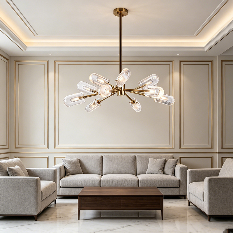 Brass Burst Chandelier With Clear Acrylic Shades