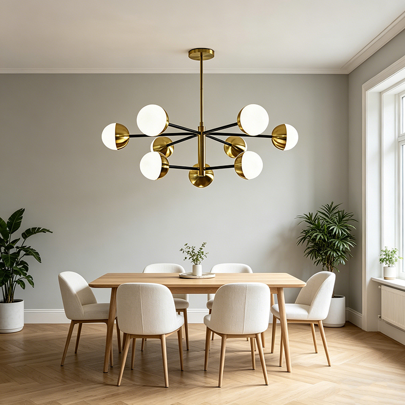 Minimalist Brass & Black Linear Chandelier With Glass Globes - Image 7