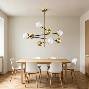 Minimalist Brass & Black Linear Chandelier With Glass Globes