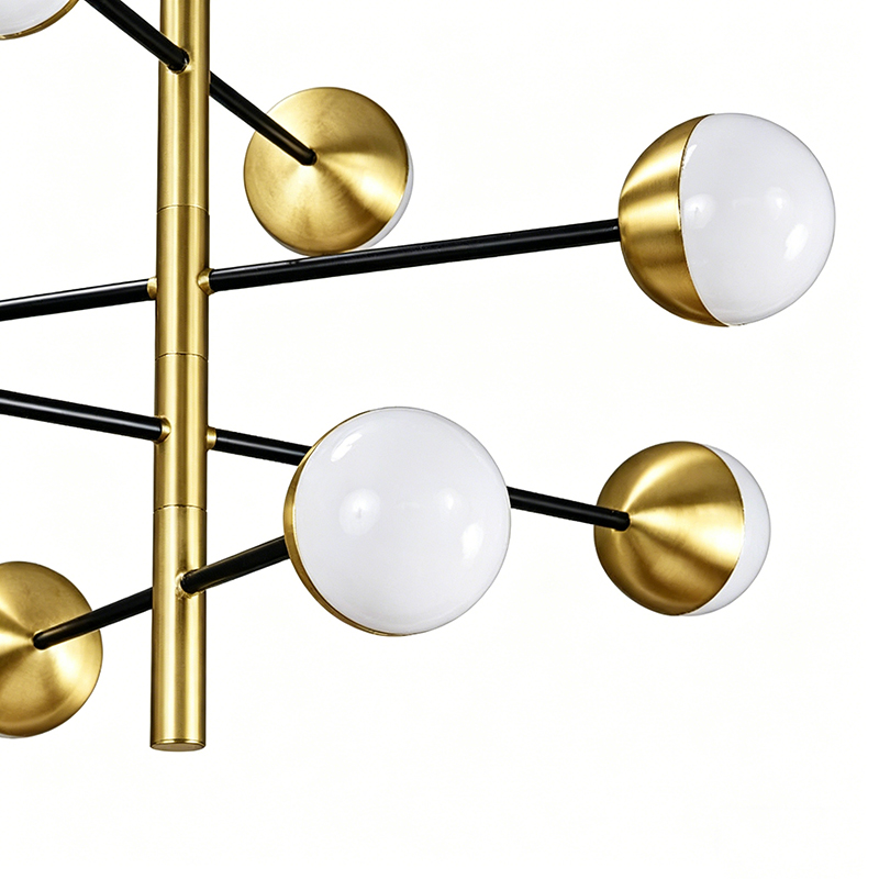 Minimalist Brass & Black Linear Chandelier With Glass Globes - Image 2