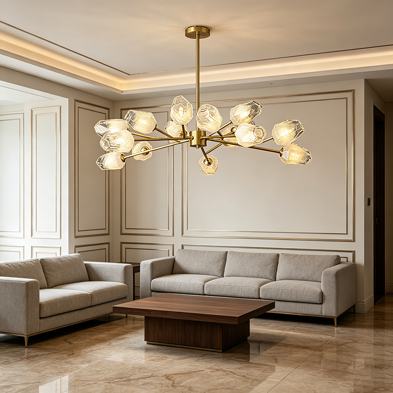 Modern Brass Chandelier With Faceted Glass Shades - Image 5