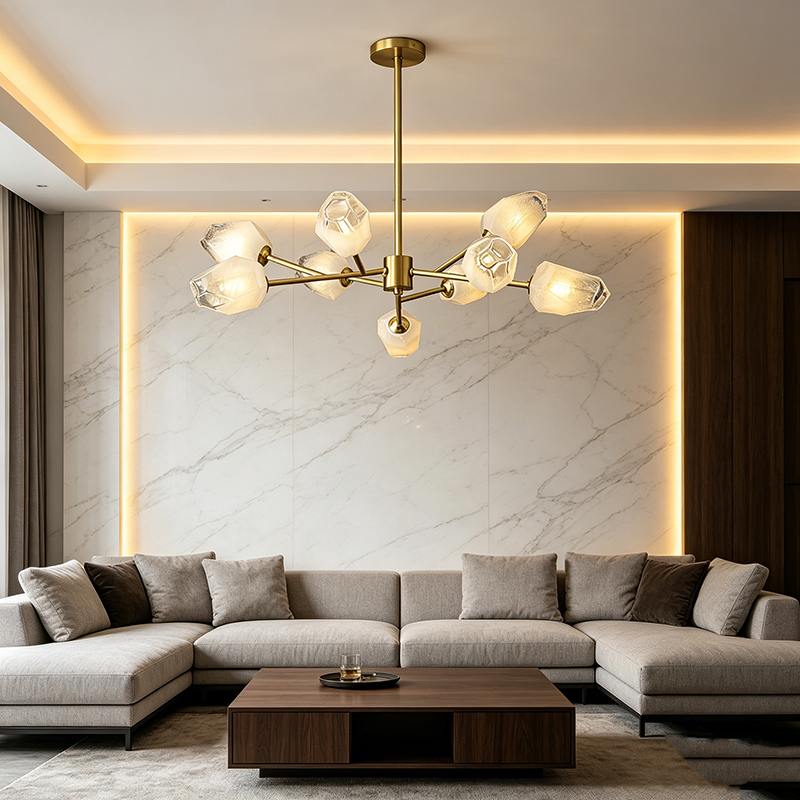 Modern Brass Chandelier With Faceted Glass Shades