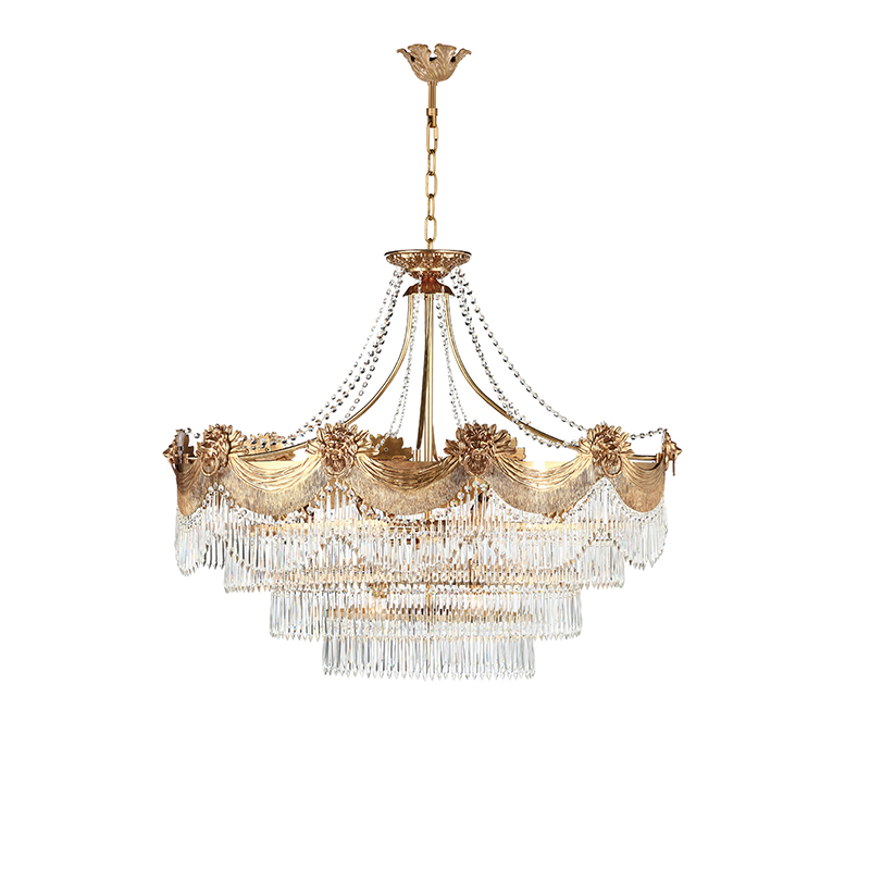 Gilded Brass & Tiered Crystal Fringe Chandelier - Image 3