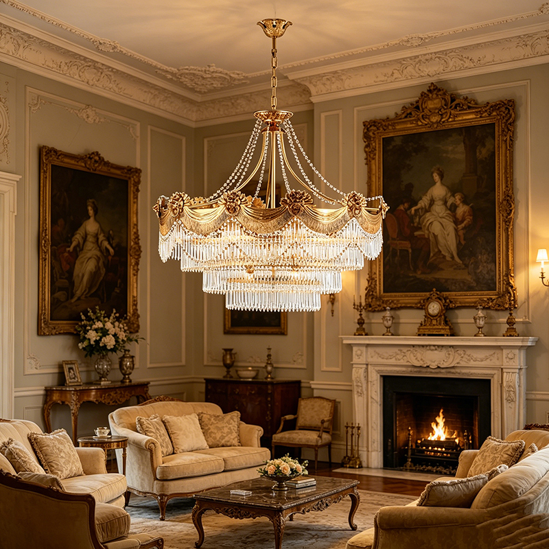 Gilded Brass & Tiered Crystal Fringe Chandelier