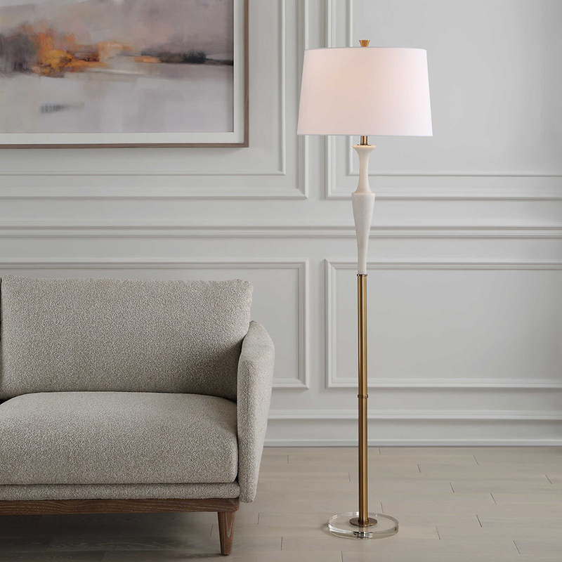 Modern Minimalist Floor Lamp With Marble, Crystal Base & Fabric Shade - Image 2