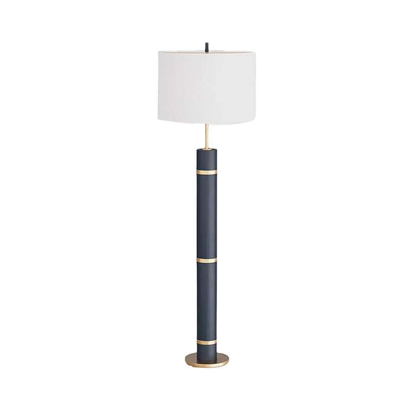 Navy Leather-Wrapped Metal Floor Lamp With Fabric Shade - Image 3