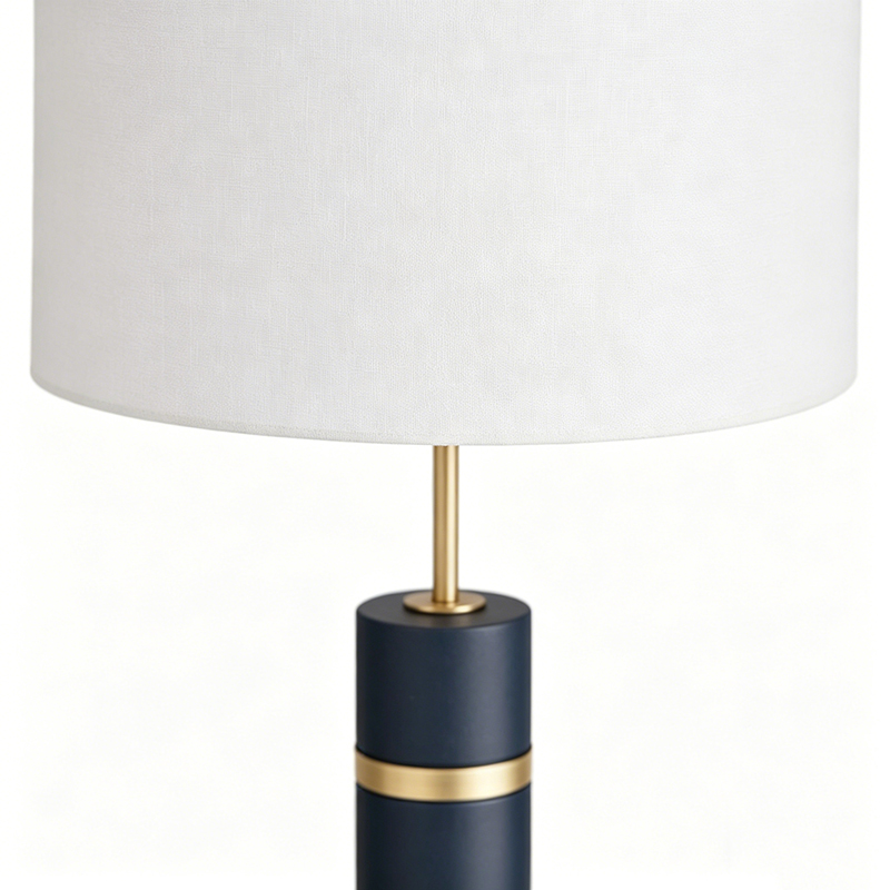 Navy Leather-Wrapped Metal Floor Lamp With Fabric Shade - Image 2