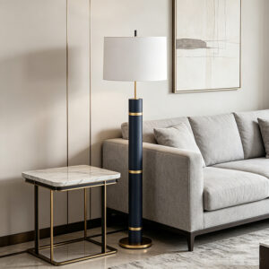 Navy Leather-Wrapped Metal Floor Lamp With Fabric Shade