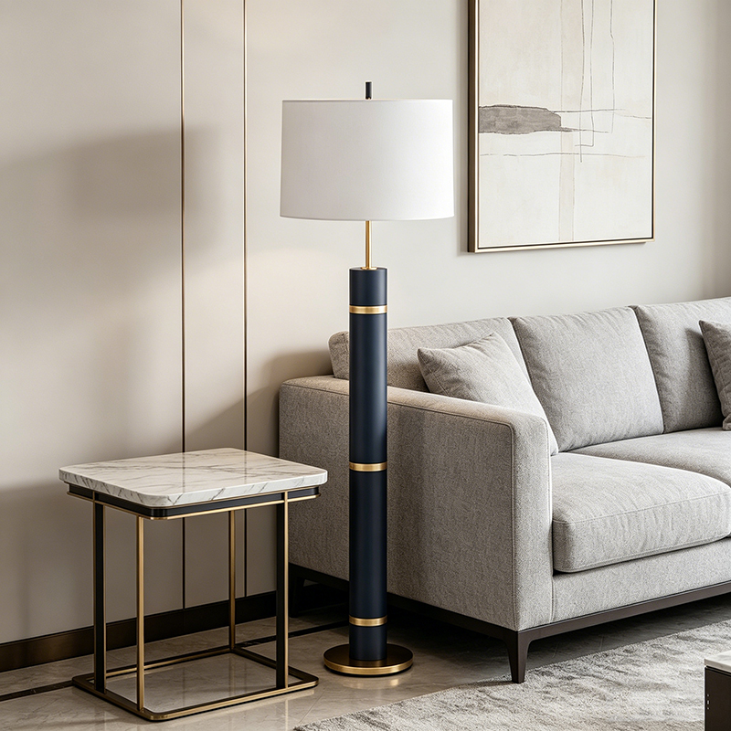 Navy Leather-Wrapped Metal Floor Lamp With Fabric Shade