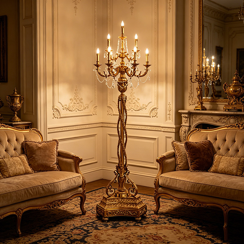 Ornate Baroque-Style Brass & Crystal Floor Candelabra
