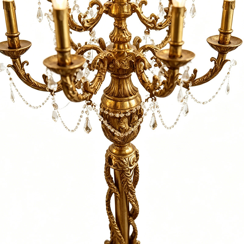 Ornate Baroque-Style Brass & Crystal Floor Candelabra - Image 2