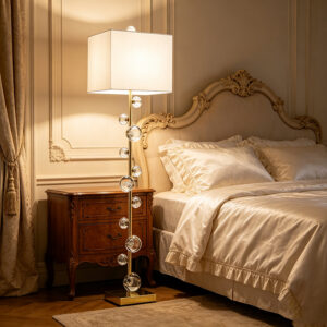 Modern Geometric Floor Lamp With Crystal Accents & Fabric Shade