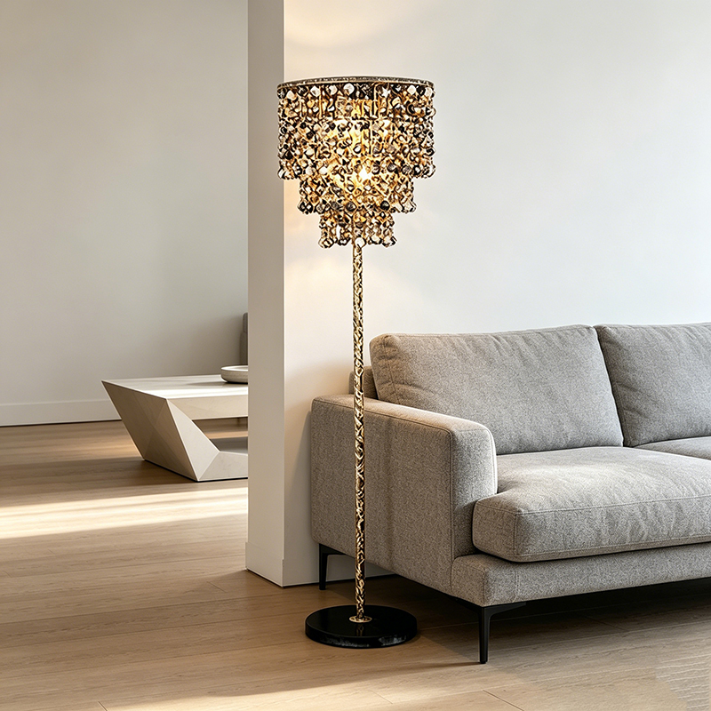 Glamorous Tiered Crystal Floor Lamp With Marble Base
