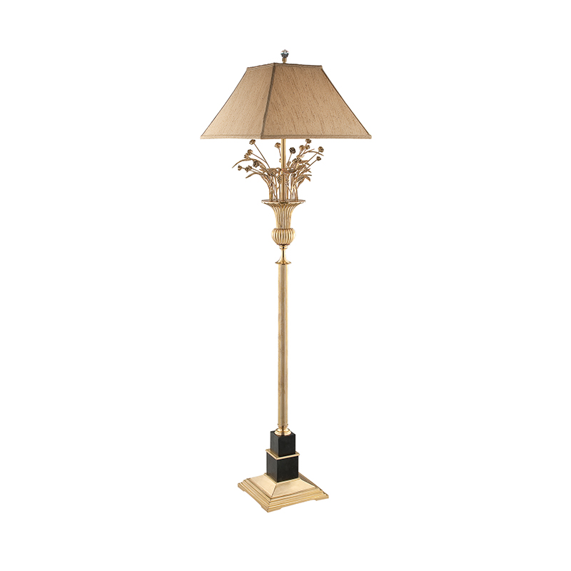 Neoclassical Brass Floor Lamp With Marble Base & Fabric Shade - Image 3