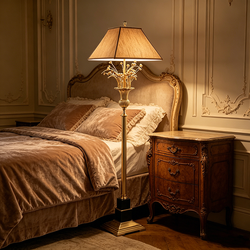Neoclassical Brass Floor Lamp With Marble Base & Fabric Shade