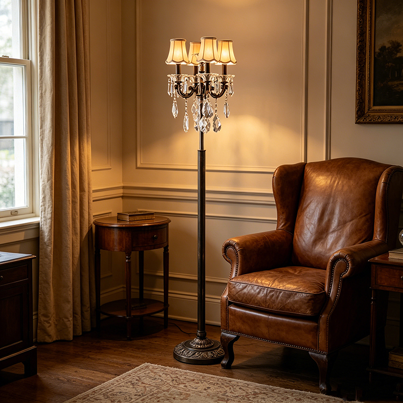 Vintage Bronze Crystal Chandelier-Style Floor Lamp With Fabric Shades