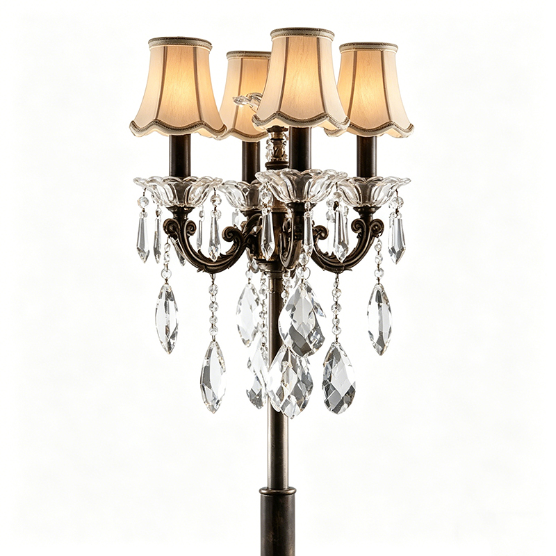 Vintage Bronze Crystal Chandelier-Style Floor Lamp With Fabric Shades - Image 2