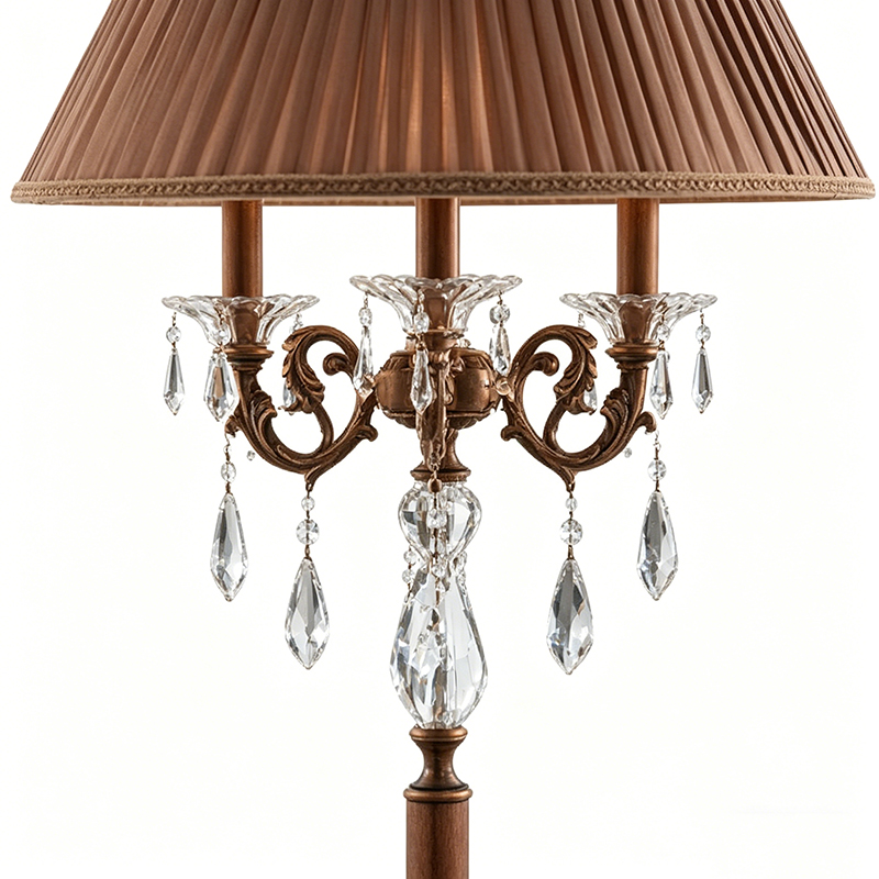 Ornate Antique Brass & Aluminum Crystal Floor Lamp With Pleated Fabric Shade - Image 2