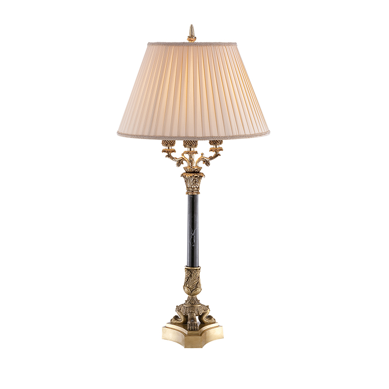 Rustic Vintage Brass And Marble Table Lamp With Pleated Beige Fabric Shade - Image 3