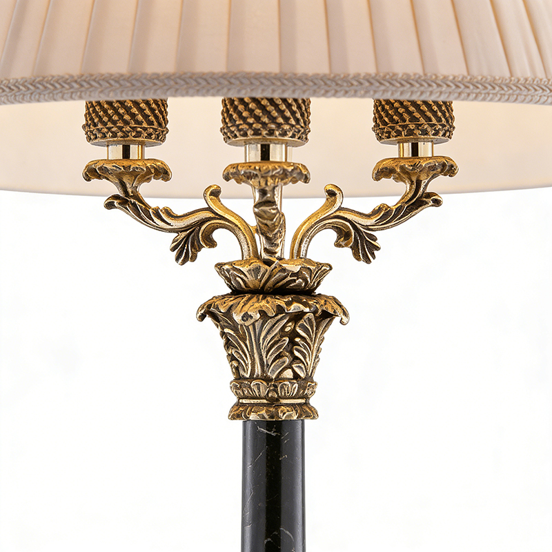 Rustic Vintage Brass And Marble Table Lamp With Pleated Beige Fabric Shade - Image 2
