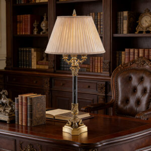 Rustic Vintage Brass And Marble Table Lamp With Pleated Beige Fabric Shade