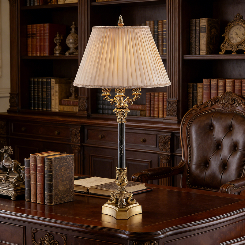 Rustic Vintage Brass And Marble Table Lamp With Pleated Beige Fabric Shade