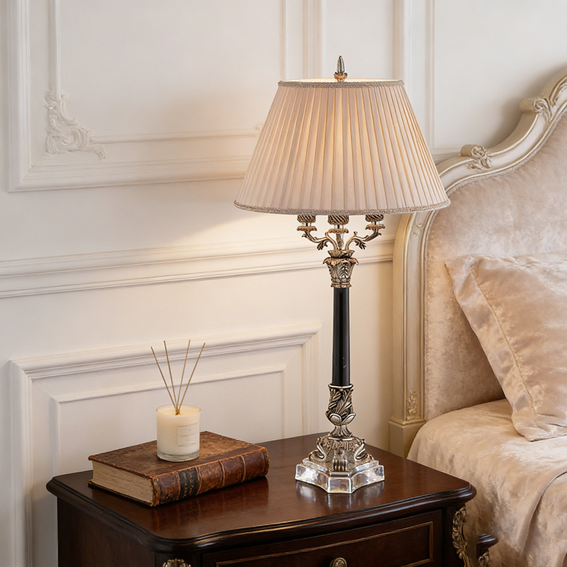Rustic Vintage Brass And Marble Table Lamp With Pleated Beige Fabric Shade - Image 4