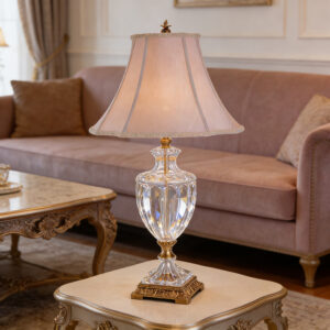 Elegant Traditional Gold Brass And Clear Glass Table Lamp With Fabric Shade