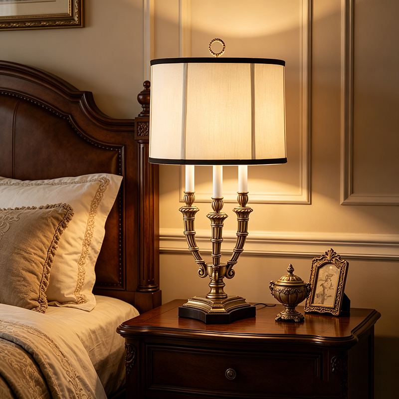 Regal French Country Brass And Marble Table Lamp With Drum Fabric Shade