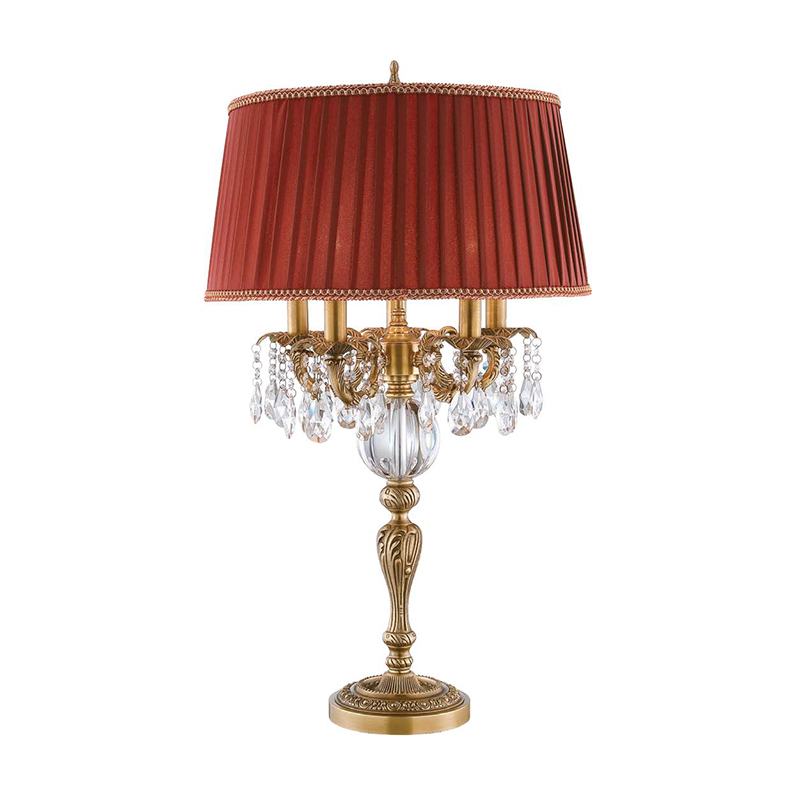 Luxury Vintage Gold Brass And Crystal Table Lamp With Pleated Red Fabric Shade - Image 3