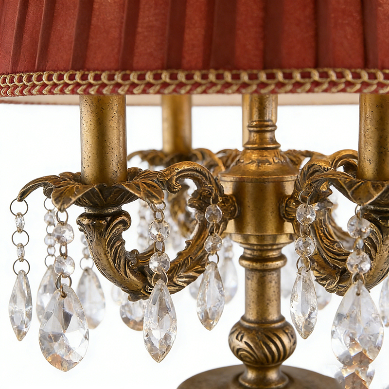 Luxury Vintage Gold Brass And Crystal Table Lamp With Pleated Red Fabric Shade - Image 2