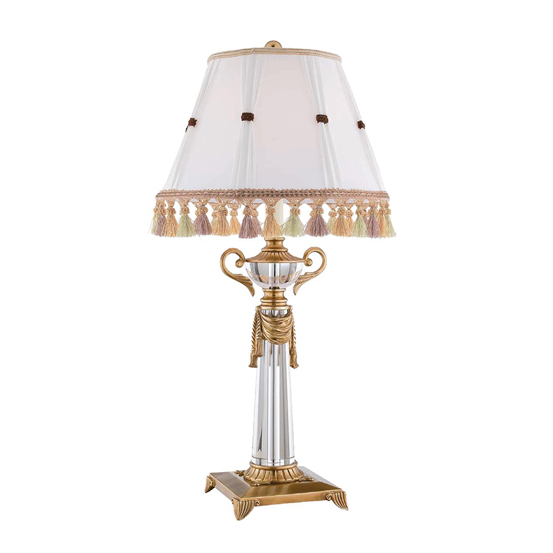 Luxury French Style Gold Brass And Crystal Desk Lamp With Fringed Fabric Shade - Image 3