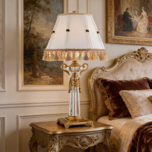 Luxury French Style Gold Brass And Crystal Desk Lamp With Fringed Fabric Shade