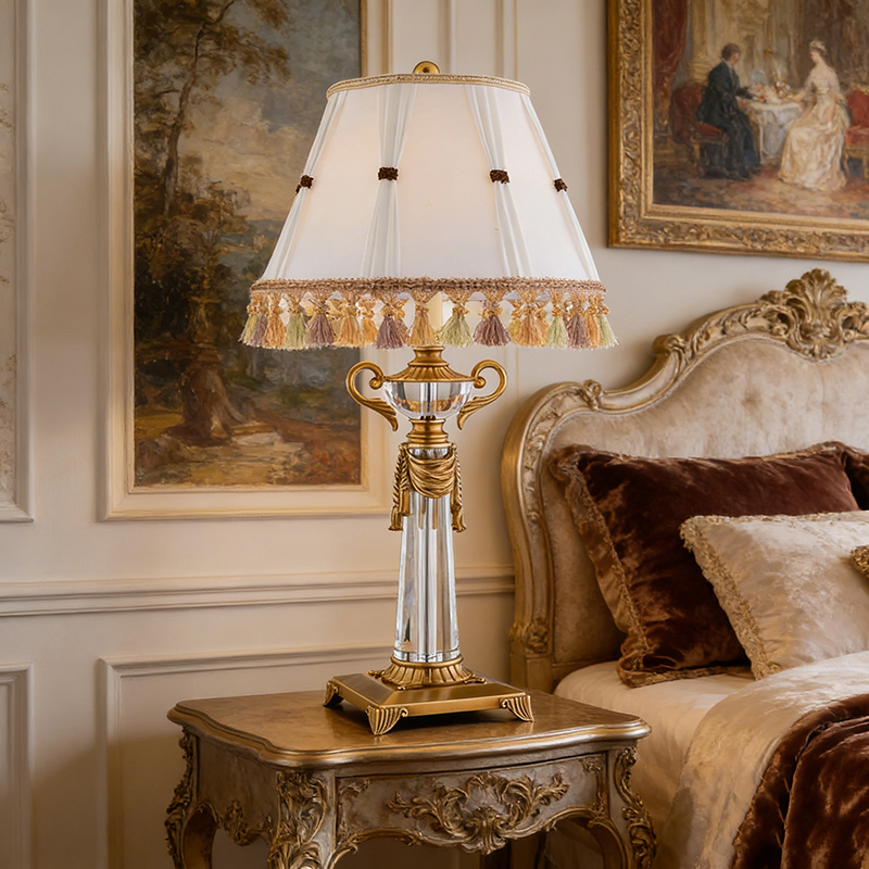 Luxury French Style Gold Brass And Crystal Desk Lamp With Fringed Fabric Shade