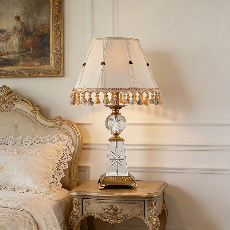 Luxury French Style Gold Brass And Crystal Desk Lamp With Fringed Fabric Shade - Image 4