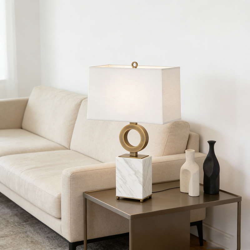 Modern Minimalist Marble & Iron Table Lamp With Fabric Shade - Image 2